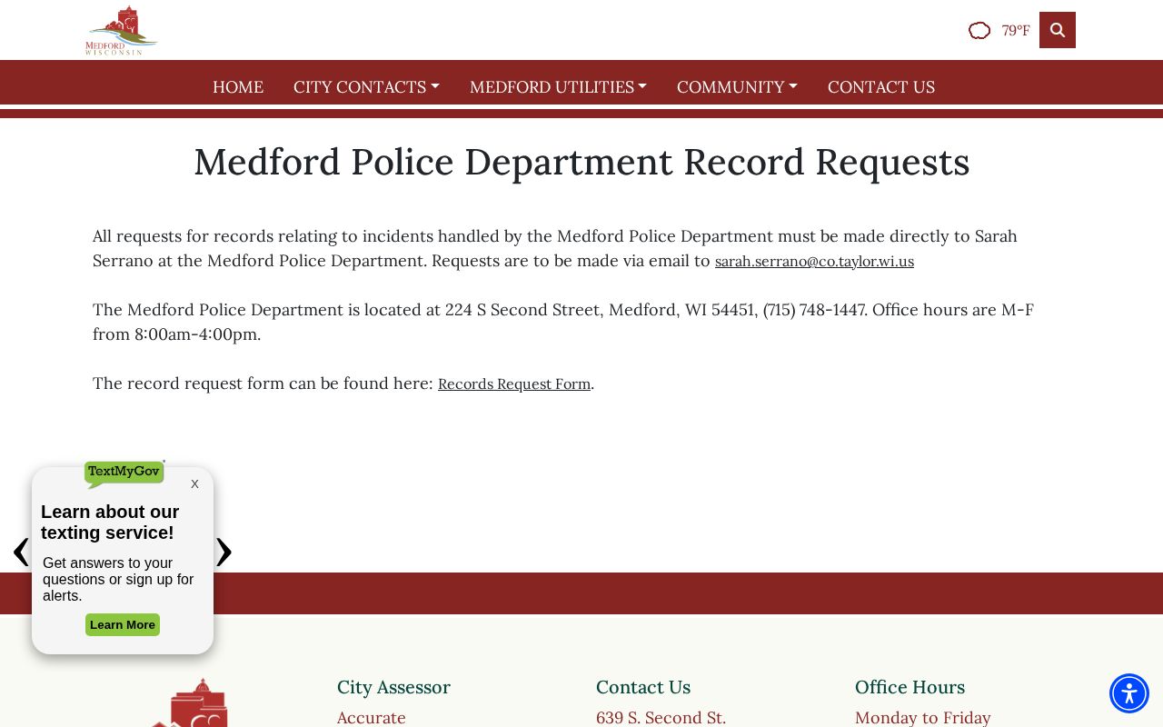 Taylor County Medford Police Department arrest-record request page