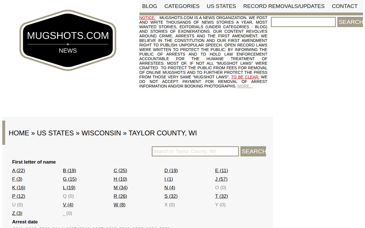 Unofficial historical Taylor County mugshot source shown for media landscape context
