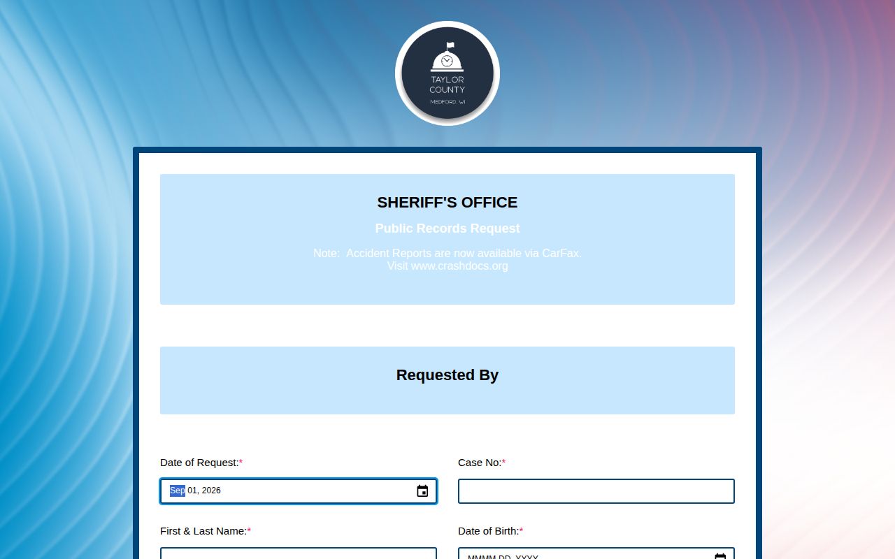 Taylor County booking record request form for official record access